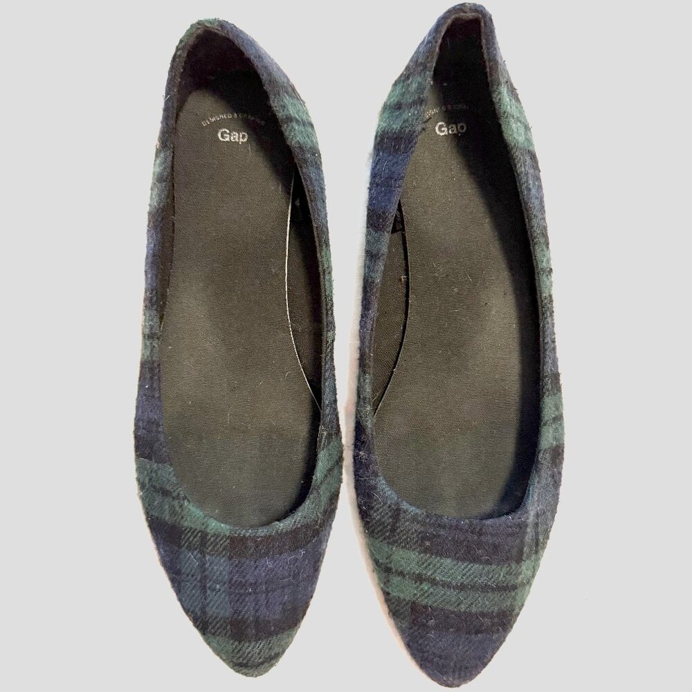 Gap Black Watch Plaid Pointed Toe Flats Navy Green Tartan Shoes Womens 8